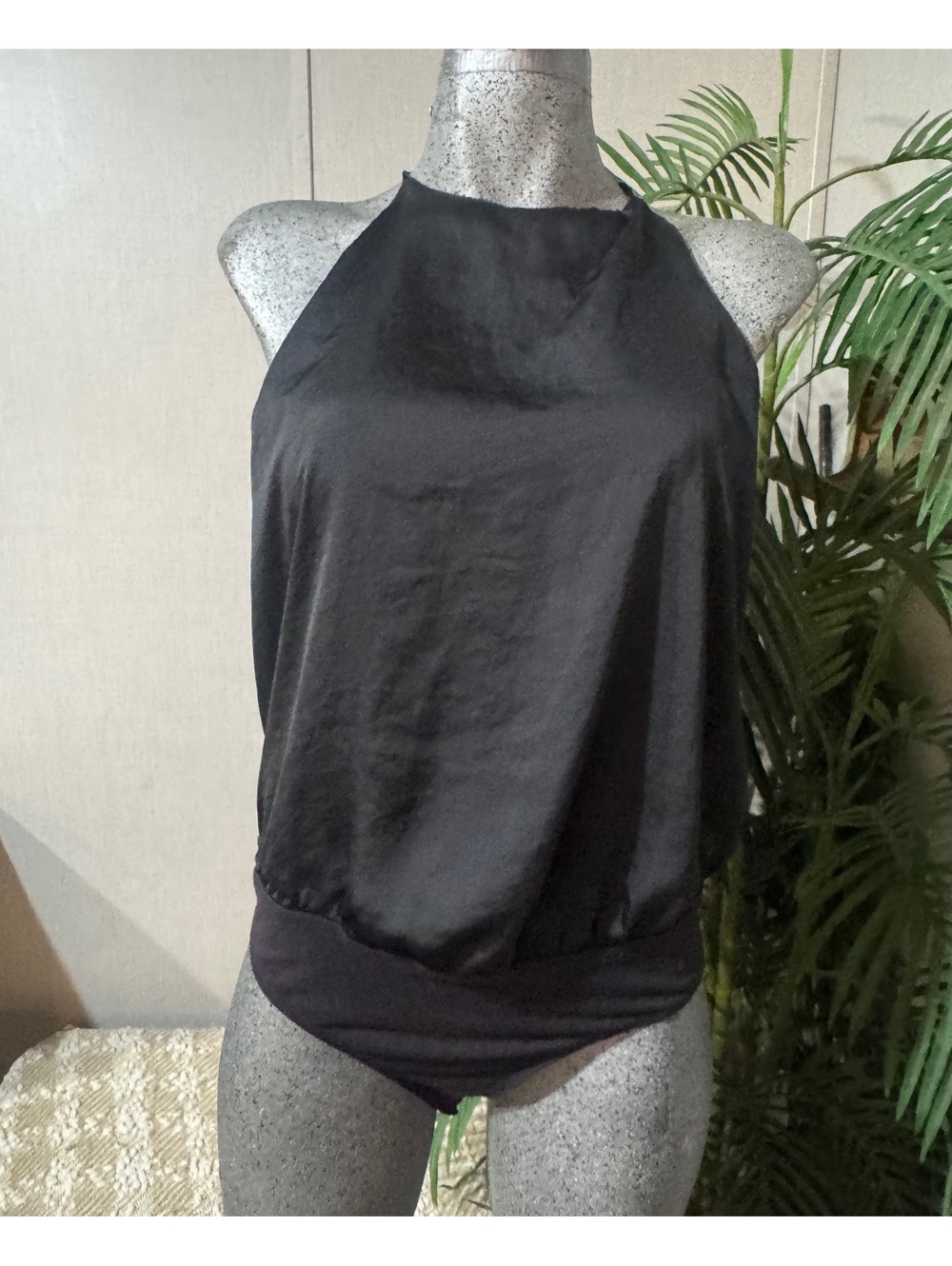 Abercrombie & Fitch black satin halter bodysuit, size M.